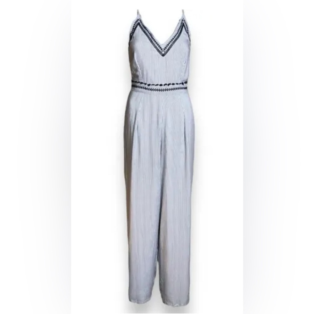 Japna Navy and White Pin Striped Jumpsuit with Navy Embroidery Size M (NWT)